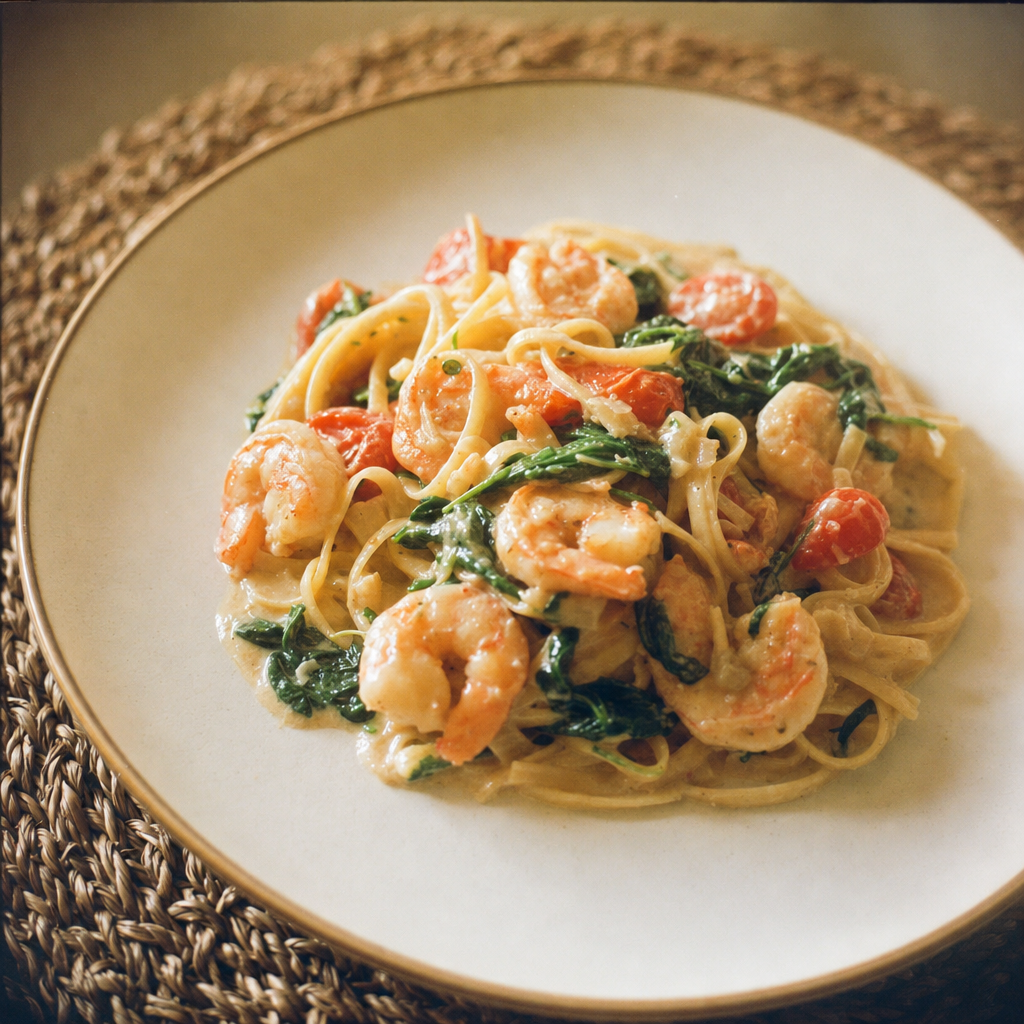 Creamy Shrimp Pasta with Spinach and Cherry Tomatoes | Untrained Chef