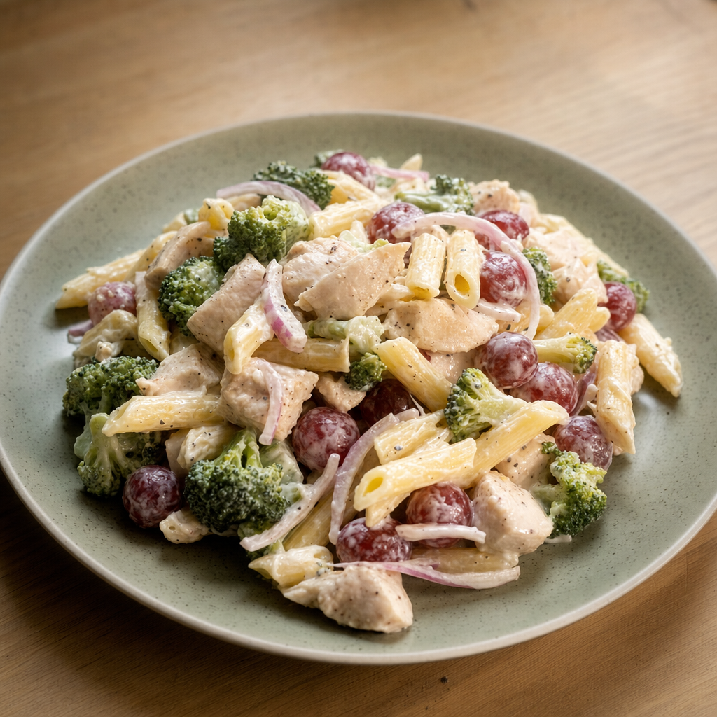Pastasalat med kylling, brokkoli og druer | Untrained Chef